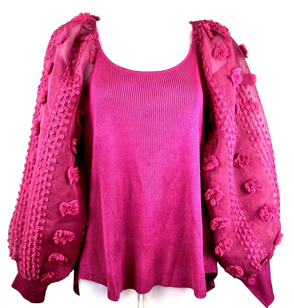 NWT Cato Rib Knit Floral Puff Sleeve Sweater Womens 22/24 Magenta Feminine Gypsy